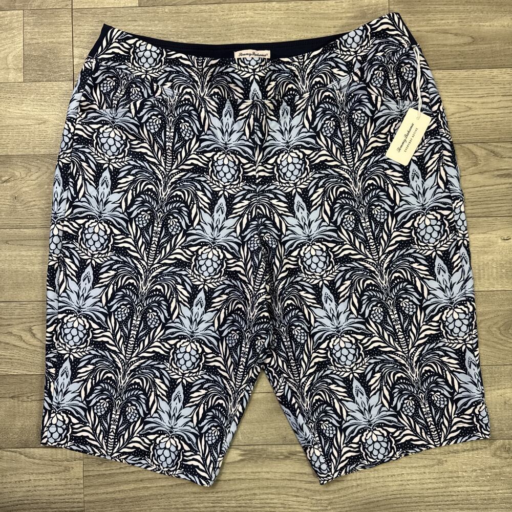 Tommy Bahama Everyday Active Bermuda Shorts Pull On Navy Blue Pattern sz L